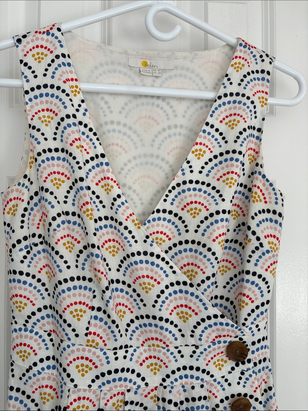 Boden Cotton/Linen Sleeveless V-Neck White Dress with Multicolor Dot Fan Print - Picture 2 of 14